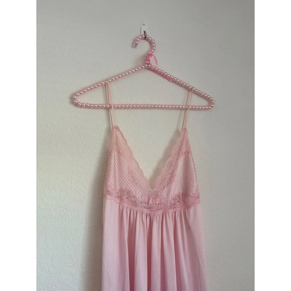 Vintage Pink kayser satin Lace Maxi Nightgown Spaghetti Strap Bow slip Sleepwear
